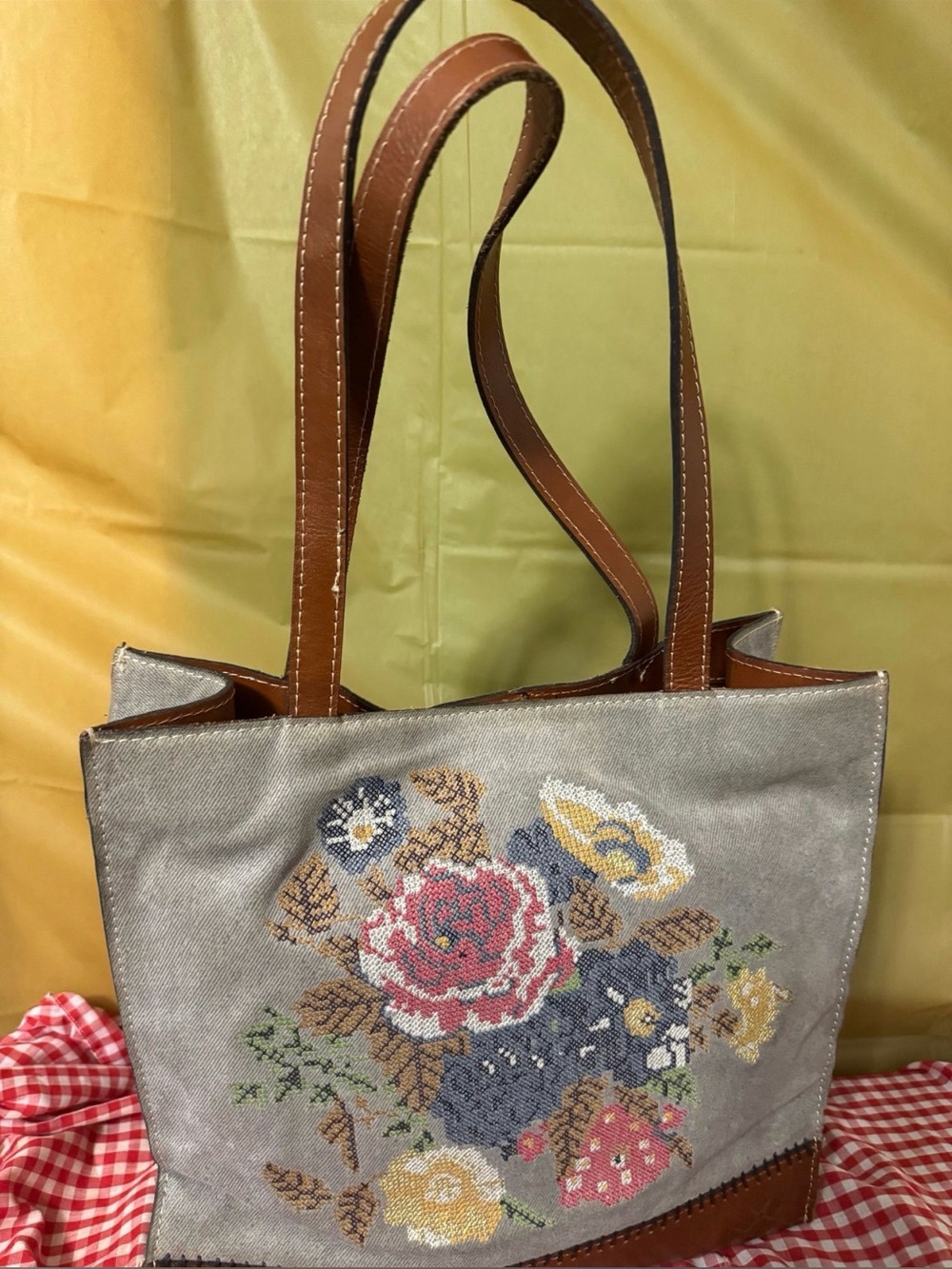 Patricia Nash Gray Canvas Floral Embroidered Tote with Brown Straps